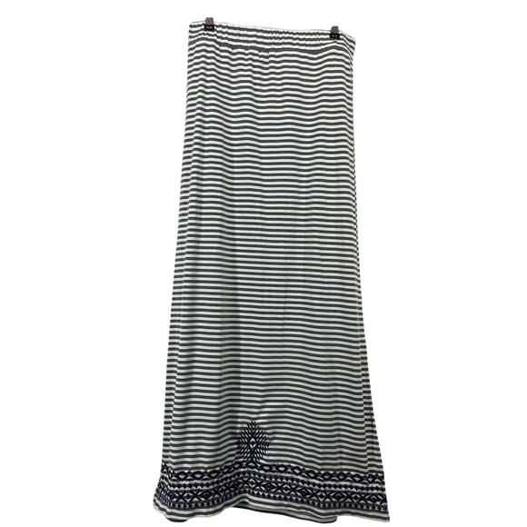 THML Size Medium Embroidered Maxi Skirt Boho Side Slits Striped Gray White - Picture 1 of 6